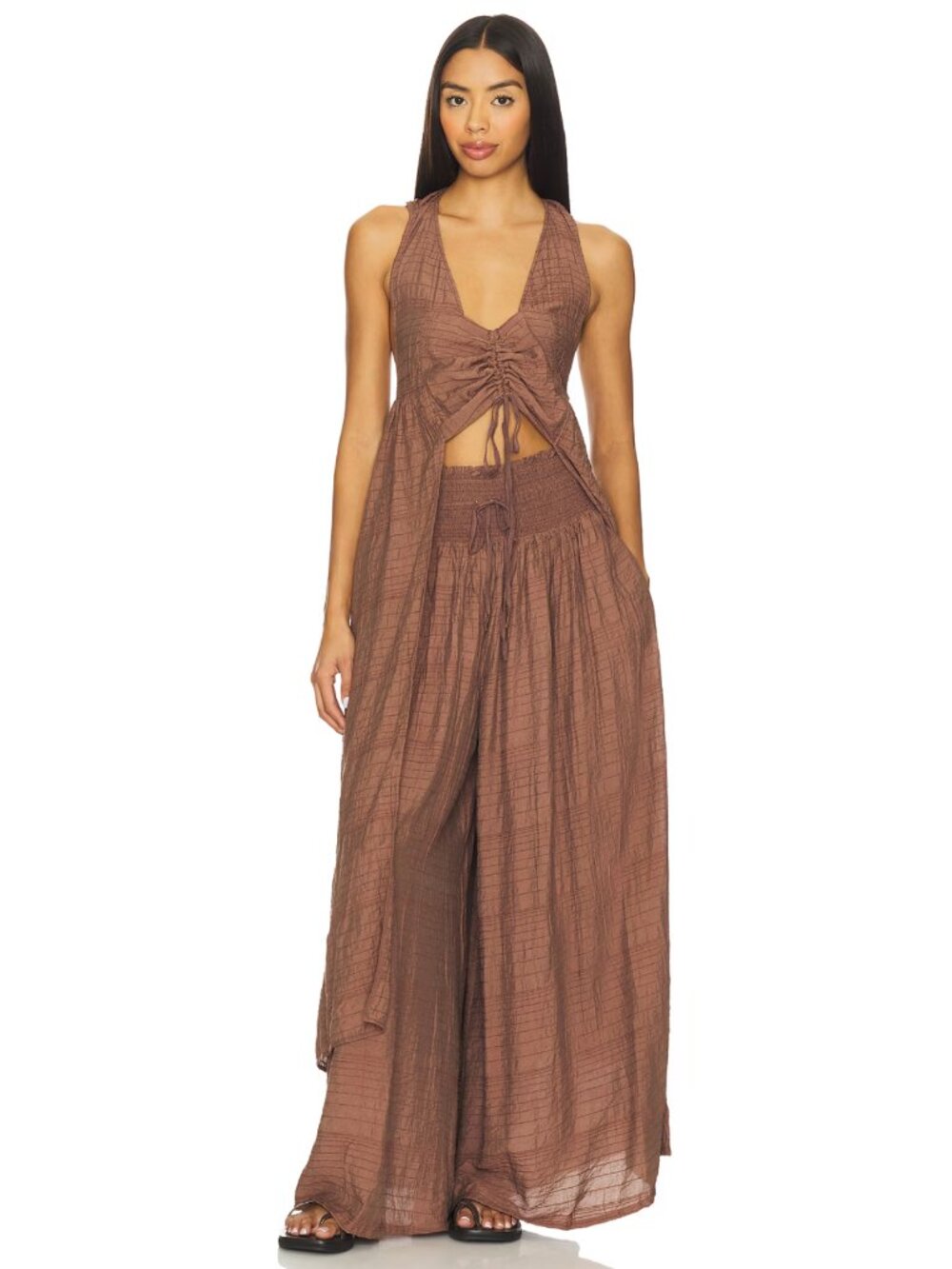 NEW Free People x REVOLVE Rhodes Pant in Plum Brown Linen Palazzo Wide Leg Flare